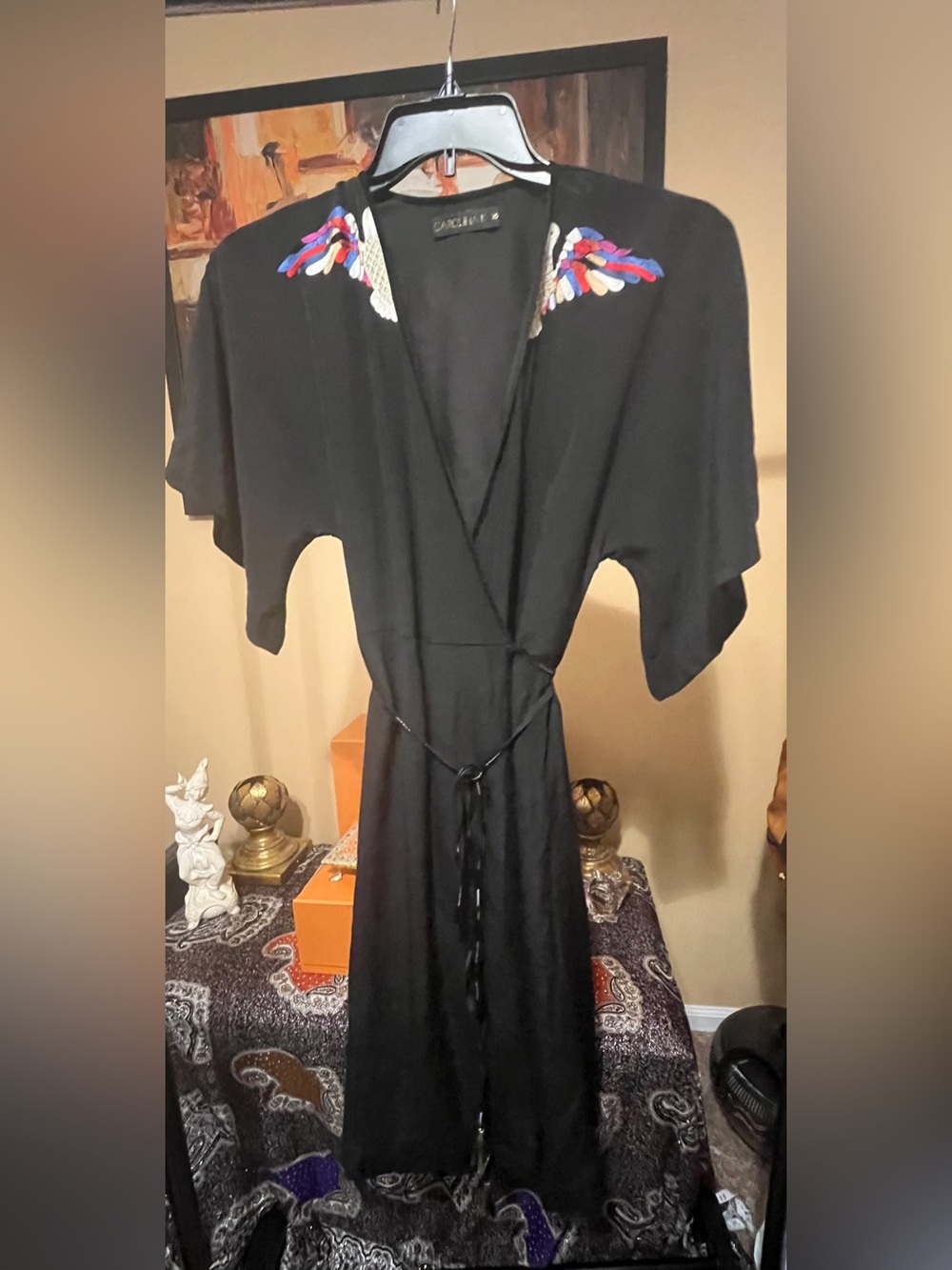 Carolina K - Black Wrap Dress W/Multi Colored Dove - XS